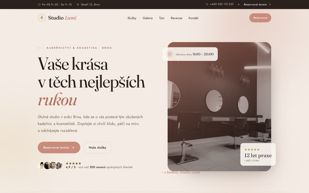 Ukázka webu s online rezervací — demo studia, stejný princip funguje pro rezervaci lekcí