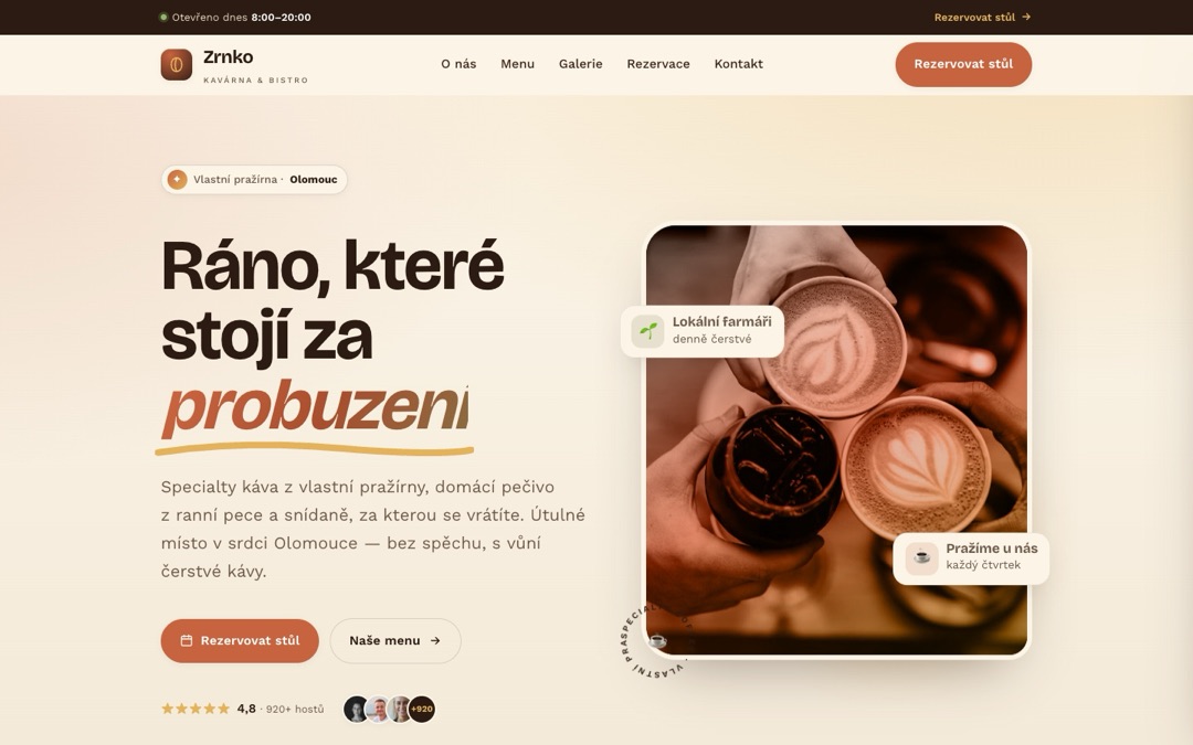Ukázka webu pro kavárnu na míru — demo Zrnko